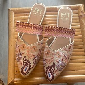 Haute Hippie Floral Embroidered Mules - Cream and Pink
